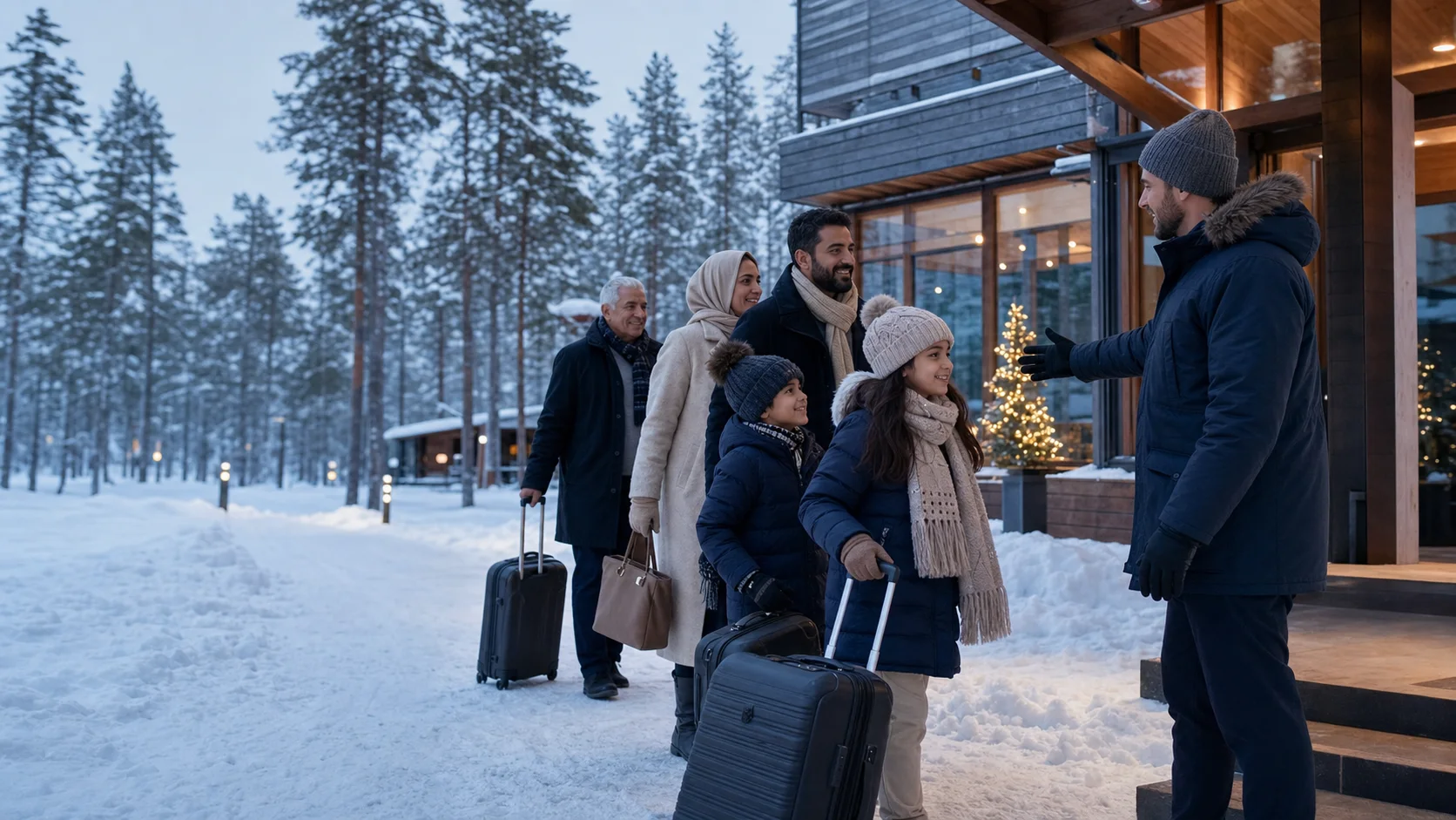Gulf family arriving at a winter lodge in Finnish Lapland and being welcomed by a local host