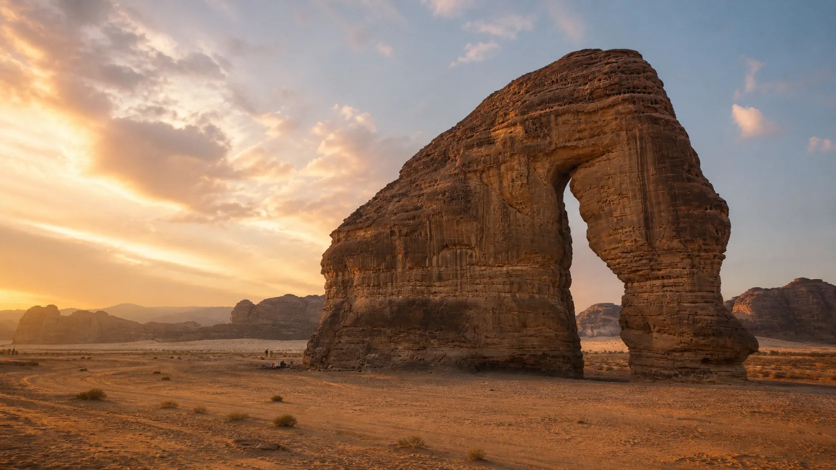 Jabal AlFil, the Elephant Rock landmark in AlUla, Saudi Arabia, at golden hour